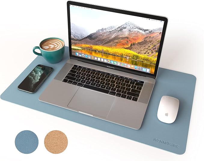 RENMTURE Dual-Sided Mouse Pad, Natural Cork & PU Leather Large Desk Pad for Office and Home Work, Desk Protector Non-Slip, Waterproof, Easy Clean (Blue Gray, 23.6" x 13.7")
