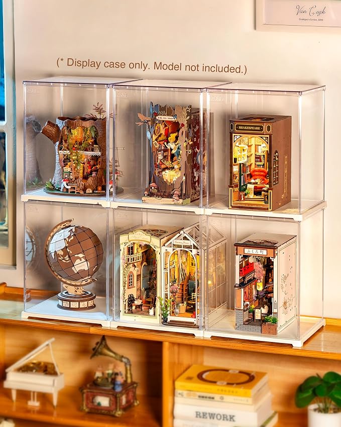 Rolife Acrylic Display Case for Miniature House and Collectibles, Clear Dust Cover Showcase with Door, Stackable Storage Box with White Base for Book Nook(9.1x9.1x11.5in)