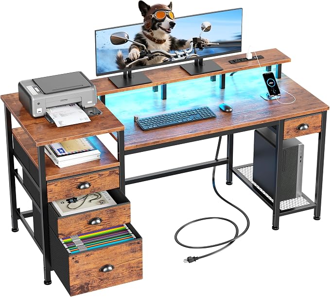 Furologee 60" Computer Desk with 4 Drawers, Power Outlet, LED, Rustic Brown | Home Office Desk with Full Monitor Stand,Storage Shelves, 4 File Drawers Cabinet ,Printer Space for Study Working Bedroom