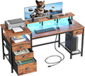 Furologee 60" Computer Desk with 4 Drawers, Power Outlet, LED, Rustic Brown | Home Office Desk with Full Monitor Stand,Storage Shelves, 4 File Drawers Cabinet ,Printer Space for Study Working Bedroom