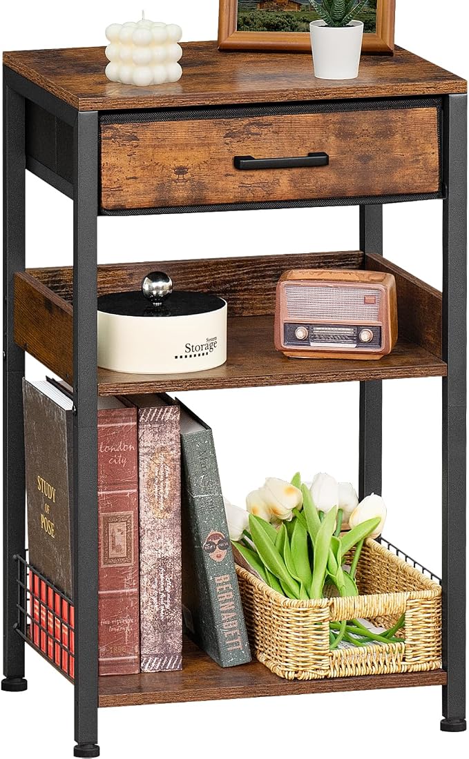 Lerliuo End Table with Fabric Drawer,3 Tier Industrial Wood Side Table with Storage,Modern Tall Printer Stand,Vintage Brown Nightstand,Rustic Bedside Tables for Living Room Bedroom Small Spaces | Three-tier printer stand with fabric drawer and two shel...