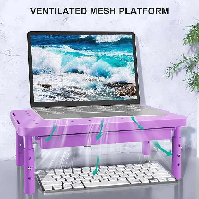 WALI Computer Monitor Stand with Storage, Monitor Riser 3 Height Adjustable | Laptop Riser with Airflow Vents, Desk Organizer for Computer, Printer, Notebook (PTT002-V), 1 Pack, Violet