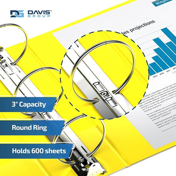 Davis Group Easyview Premium 3-Ring Binders with Clear-View Covers and Round Rings, Binders for School or Office, 3 Inch, Pack of 6, Yellow