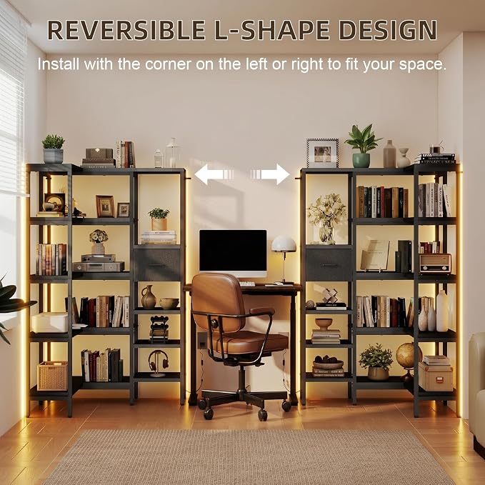 L-Shaped Corner Bookshelf with LED Light Strips & Fabric Drawers, 5-Tier Industrial Convertible Book Shelf Freestanding Display Shelf for Living Room,Home Office,Bedroom (Black)
