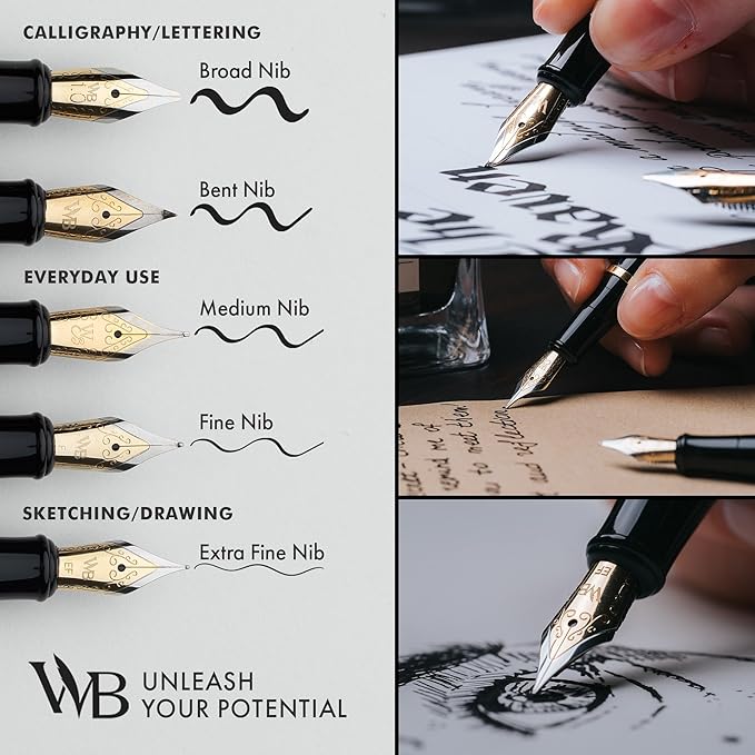 Wordsworth & Black Fountain Pen Set, 18K Gilded Extra Fine Nib, Includes 24 Pack Ink Cartridges, Ink Refill Converter & Gift Box, Gold Finish, Calligraphy, [Silver Gold], Perfect for Men & Women