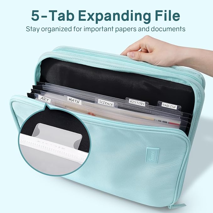 SUNEE Zippered Binder Bag with Handle, 2-Inch 3-Ring O-Ring, 500-Sheet Capacity, Includes Zip Pocket, 5-Tab Expanding File Folder, Multi-Pocket Organizer Binder for Middle School, Sky Blue