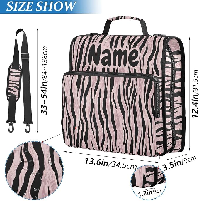 Custom Rose Gold Black Zebra Print 3 Ring Binder Bag 1.5 inch Personalized Name Binder Organizer 500 Sheet Documents Storage for School Office
