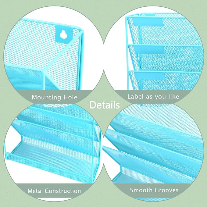 3 Pockets Mesh Wall File Holder Organizer with Bottom Flat Tray, Office Hanging File Folder Magazine Rack, Nametag Label Hooks Set Included, Blue