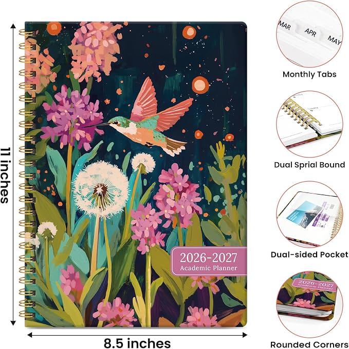 Planner 2026-2027, Academic Year Monthly & Weekly Planner Caledndar, July 2026 - June 2027, Hardcover Large Planning Agenda Book with Tabs for School Office Supplies, 8.5" x 11" - Humming Glow