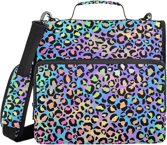 Neon Leopard Pattern 3 Ring Zipper Binder with Shoulder Strap & Handle 2 Inch D-Ring Zippered Binder Bag with Multiple Pocket & Pencil Pouch, Binder Organizer for School or Office
