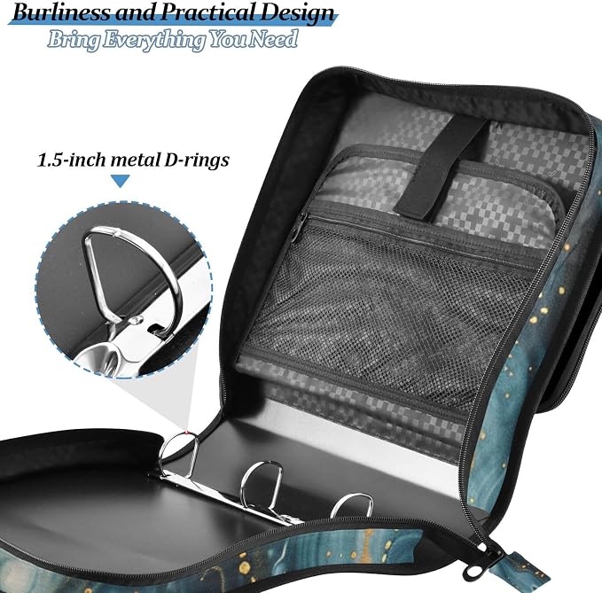 ALAZA Dark Blue Marble Zipper Binder 1.5 inch 3 Ring Binder Organizer with Shoulder Strap and Handle for Home Office Work