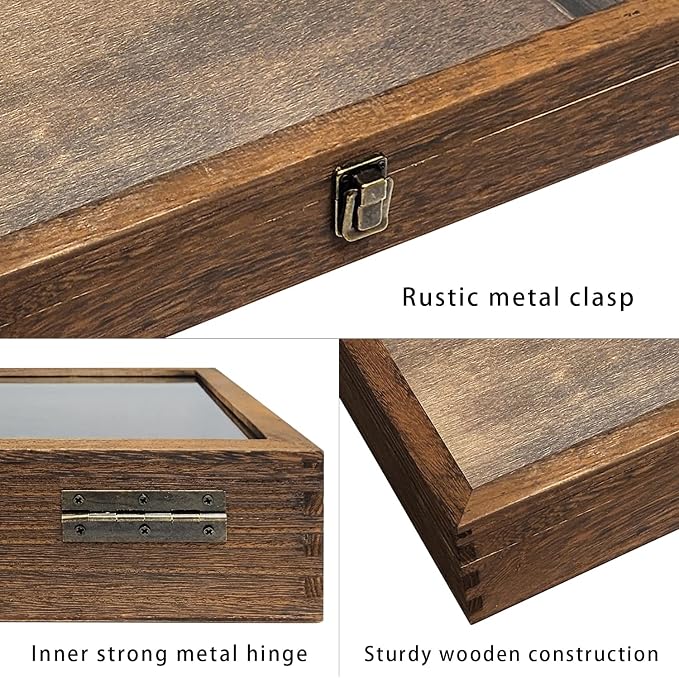 MOOCA Wood Jewelry Display Case with Tempered Glass Top, Velvet Pad | Wood display case with a glass top and removable black velvet pad accommodates taller jewelry and collectibles.
