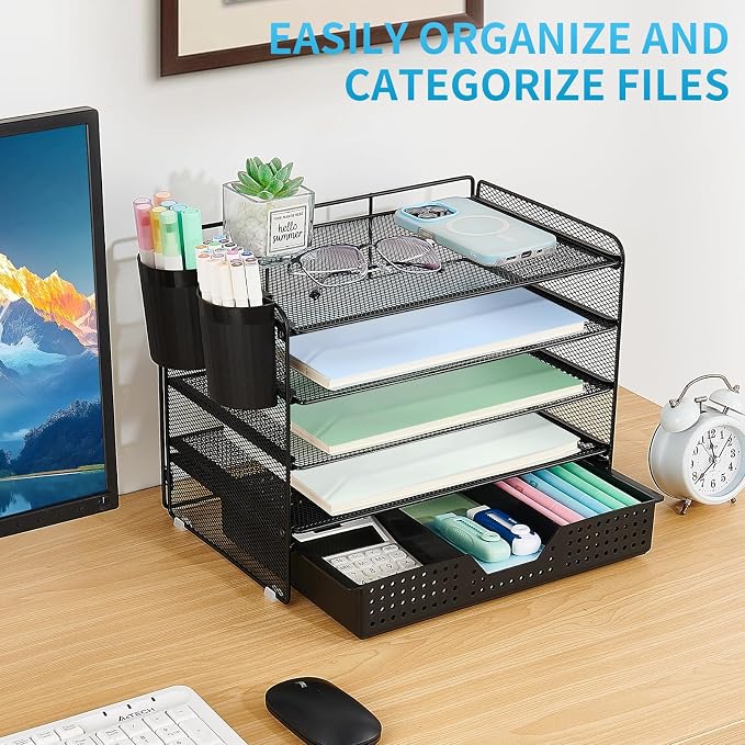 LEKETREE Desk Organizer and Accessories, 5-Tier Paper Letter Tray Organizer with Drawer & 2 Pen Holders for Desktop File Organization, Office Desk Accessories for Supplies Storage (Black)