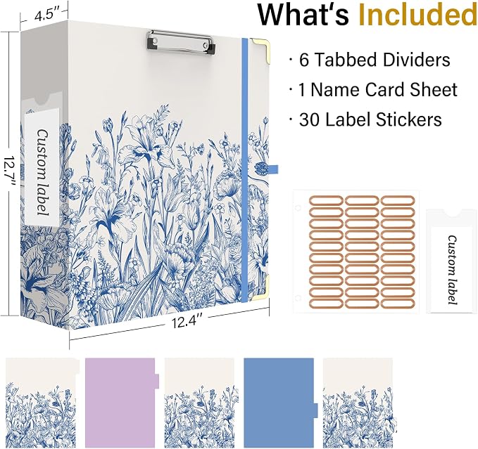 3 Ring Binder 3 Inch, Cute Round Ring Binder with 6 Tab Dividers & Label Stickers, Low Profile Clipboard with Storage, Fashion Binder for School Office Supplies (Vintage Blue Florals)
