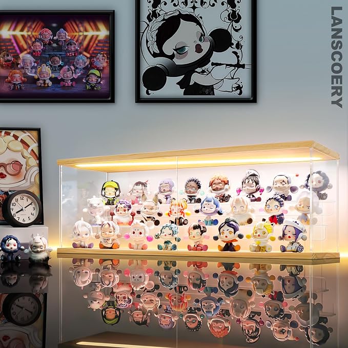 LANSCOERY LED Lighted Acrylic Display Case, 3 Tier Display Box for Collectibles and Action Figures, Clear Dustproof Organizer with Wooden Base – 23x6.5x7.4inch