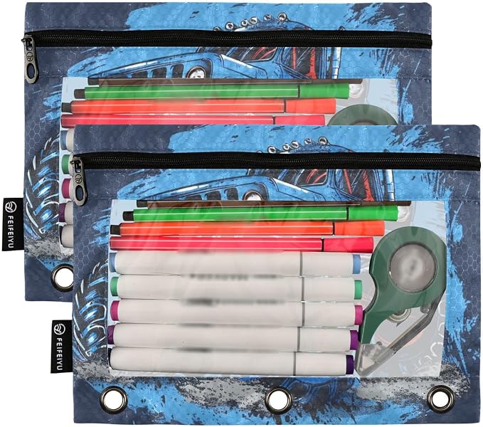 Custom Truck Blue Pencil Pouch for 3 Ring Binder, 2 Pack Personalized Name Waterproof Pencil Bags Clear Window Pencil Case School Office Supplies