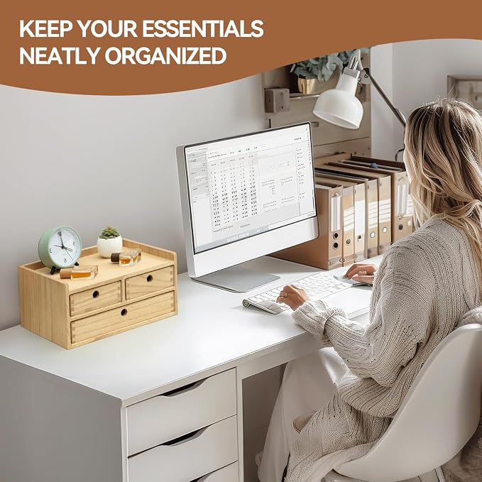 KIRIGEN Wooden Desk Organizer with 3 Drawers and Top Tray Natural DT2D3C-NA | 3-Drawer Cabinet with Top Shelf Stores Papers, Office Supplies, Cosmetics, Crafts, and Small Accessories on Desks or Counters