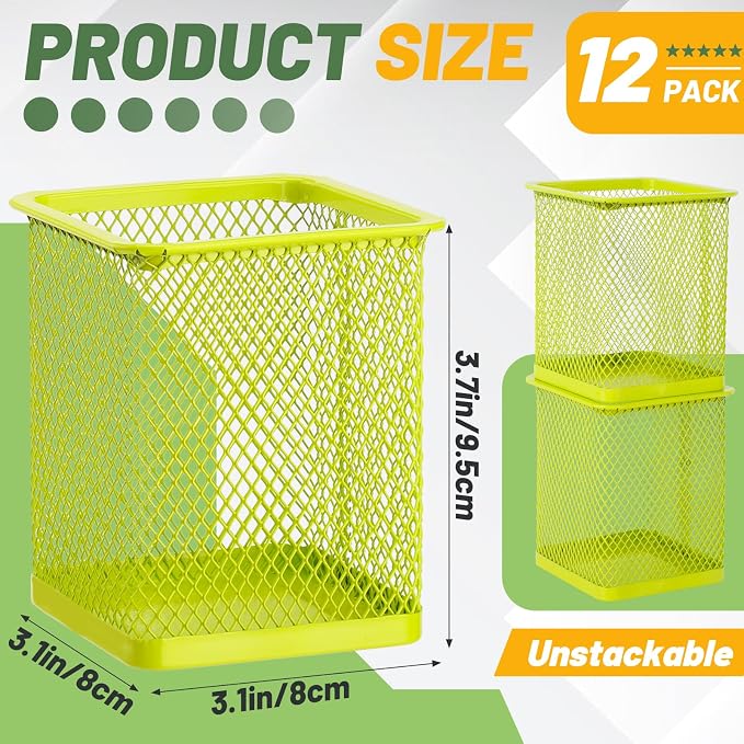 Segarty Pen Cup, 12 Pack Square Light Green Pen Holder for Desk, Cute Mesh Pencil Cups Holder for Marker, Office Supply, School Students, Home, Desktop Accessories Storage Organizer