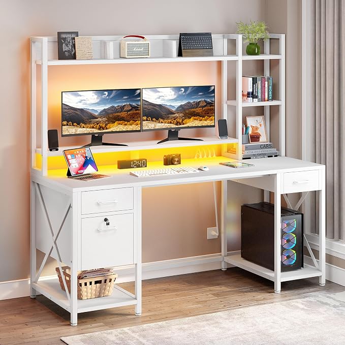 YITAHOME 59.1" Computer Desk with Drawers & Hutch, Power & LED, White | Hutch & Drawers, Monitor Stand, Power Outlets, LED Lights, Storage Shelves, for Home Office Gaming, Easy Assembly