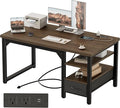 48" Computer Desk with Drawer, 1.2" Thick Reversible Office Desk | Modern Writing Table with Power Outlets & Storage Shelves, Heavy Duty Industrial Study Desk for Home Bedroom Work