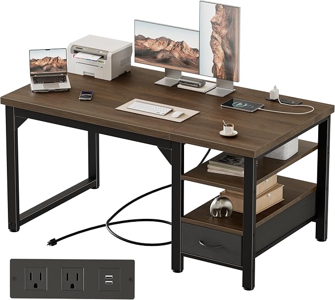 48" Computer Desk with Drawer, 1.2" Thick Reversible Office Desk | Modern Writing Table with Power Outlets & Storage Shelves, Heavy Duty Industrial Study Desk for Home Bedroom Work