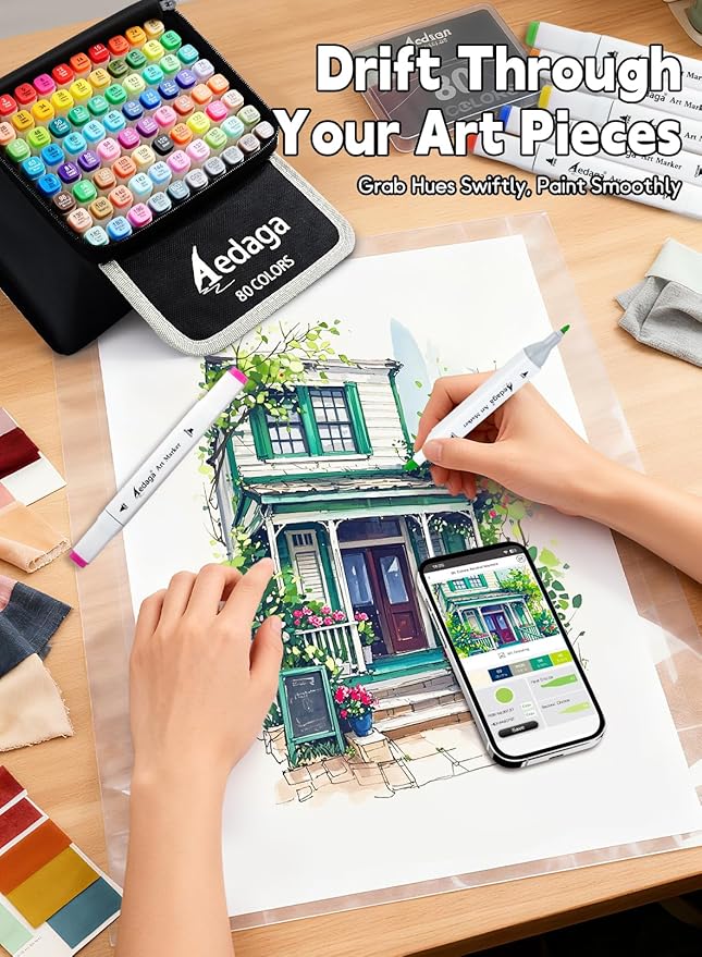 AEDAGA 80 Colors Alcohol Markers with Free App, Dual Tip Art Marker with Kickstand Case for Artists Adults. Alcohol Based Markers for Coloring Painting Sketching and Drawing, Great Gift