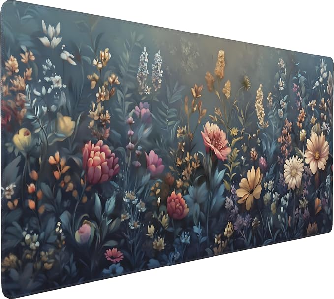 Floral Aesthetic Wildflower Gaming Mouse Pad, Morandi Vintage Botanical Desk Mat with Anti-Slip Base & Stitched Edges,35.4" x 15.7" in Desk Accessories for Women, Home Office Decor & Artistic Gift