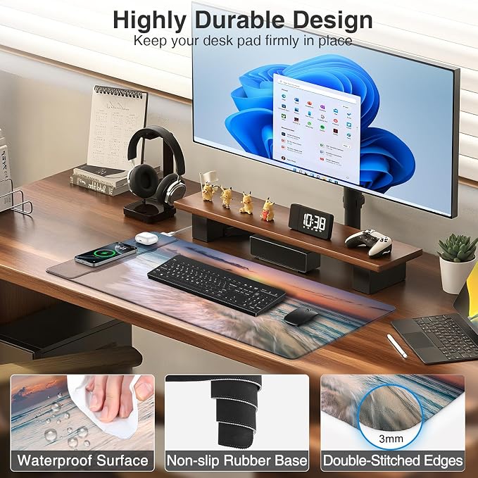 Wireless Charging Mouse Pad, 31.5"x15.8" in, Beach Sunset | Anti-Fray Stitched Edges, Waterproof Premium Textured Surface, Non-Slip Rubber Base, with 20W PD Adapter