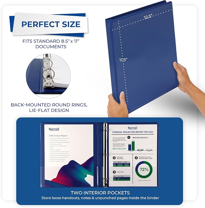 Samsill 1 Inch 3 Ring Binders, Economy Round Ring, Clear View Cover, 200 Sheet Capacity - for School, Home, Office - Blue, 4 Pack