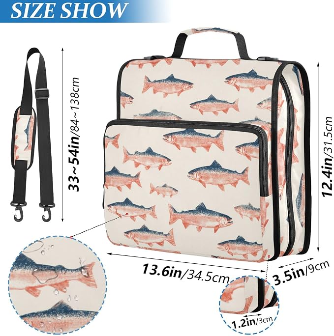Fisyme Sea Vintge Salmon Fish Zipper Binder 3 Ring with Zipper and Shoulder Strap Large Capacity Multi-Pocket Binder Organizer