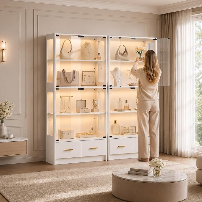 67" Display Cabinet with Glass Doors and 2 Drawers | White | RGB LED Lights, Pop-Up Glass Doors, Adjustable Shelves, Anti-Tip Design