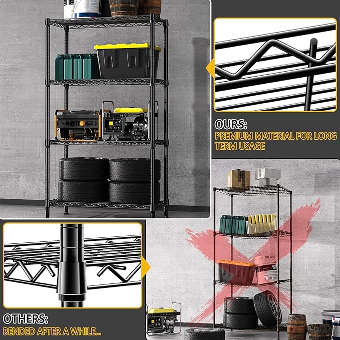 M MZG 1000 lbs 4 Tier Shelf Metal Storage Shelves Shelving Wire Rack Heavy Duty Closet Organizers for Garage Kitchen Bathroom Laundry Black 15.7" D x 33.5" W x 59.5" H