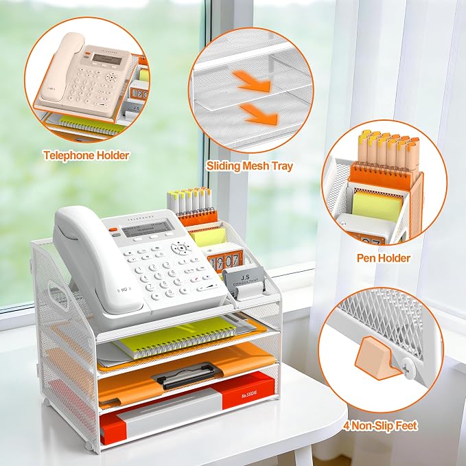 DocNest 4 Tier Metal Mesh Desk File Organizer with Phone Shelf, White | Desktop letter tray sorter features a 9.1x9.1 inch top phone holder, built-in sticky note compartment and pen holder