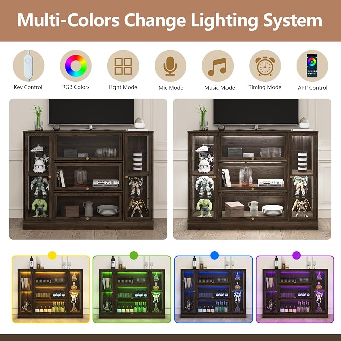 Display Cabinet with Acrylic Glass Doors,Extra Wide Curio Cabinet with LED Lighting for Collectibles, Collectibles Toy Organizers Rack & Display Shelf Display Case, Walnut