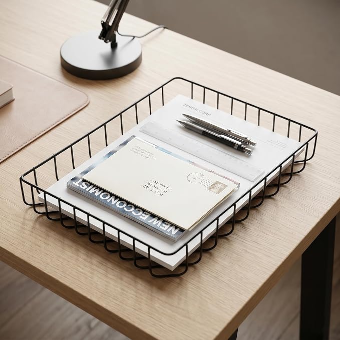 Elegant Wire Desk Tray Organizer - Multipurpose A4 Letter Size File Tray, Premium Metal Mesh Document & Magazine Holder, Luxury Storage Basket for Office, Vanity, & Bathroom,Black