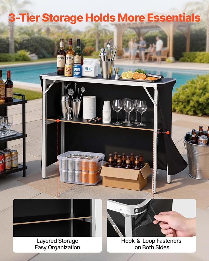 VEVOR Folding Portable Bar Table, 43.3 x 15.2 x 34.8 in, with Carry Bag, Storage Shelf, and Detachable Skirt, Quick and Easy Setup, Foldable Mobile Bartending Station for Events, Party, Tradeshow