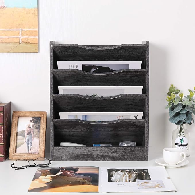 5-Tier Wall File Holder Hanging Mail Organizer Wood Magazine Literature Rack with 6 Hooks, Dark Gray
