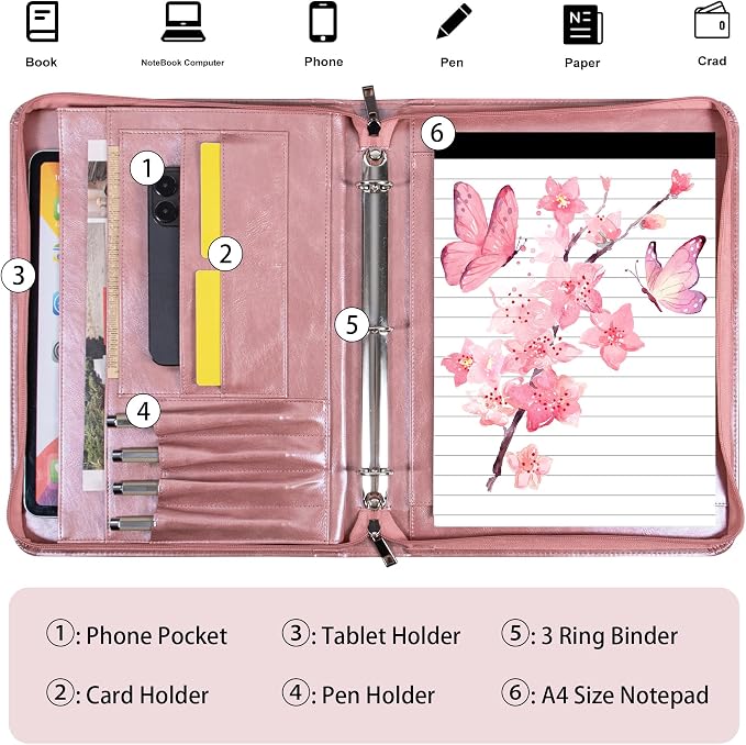 Rose Gold Padfolio,Vegan Leather Portfolio for Women,3-Ring Binder with Zipper, A4 Planner Binder with Laptop Pocket,Legal Size Portfolio,WorkBinder Organizer for Women and Girls