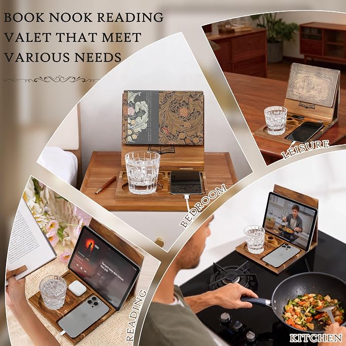 Book Holder Stand for Reading Rest Wooden Book Rest Book Nook Reading Valet | Foldable Desktop Triangle Bookstand with Book Page Holder, Cup, iPad & Phone Stand Bookshelf for Readers Bookworms Gifts