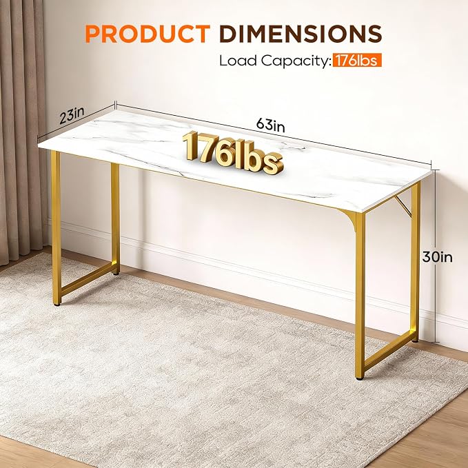 PayLessHere | 63 Inch Computer Desk | White Gold | Office Desk with Metal Frame, Adjustable Feet | Water-Resistant, Scratchproof Surface | Sturdy Writing Table for Home Office or Study | Pack of 1
