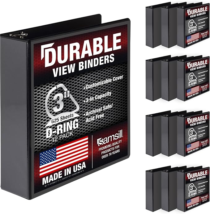 Samsill Durable 3 inch 3 Ring Binder, D Ring Binder, 100% Recycled Chipboard, Black, 12 Pack