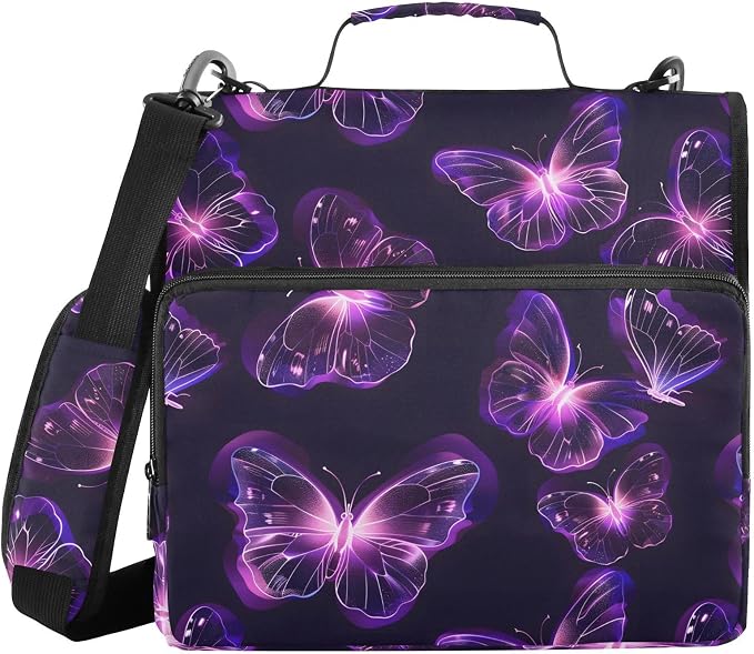 Butterflies Purple Neon 3 Ring Binder Bag 1.5 inch Binder Organizer with Zipper Shoulder Strap 500 Sheet Documents Storage for School Office