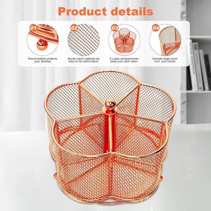 Pen Holder for Desk,360 Degree Rotating Pencil Holder Organizer | 5 Compartments,Large Capacity Pencil Holder for Desk,Metal Rust Prevention,Pen Organizers for Home(Rose Gold, No hook)