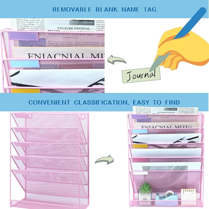 5 Pockets Mesh Wall File Holder Organizer with Bottom Flat Tray, Office Hanging File Folder Magazine Rack, Nametag Label Hooks Set Included, Pink