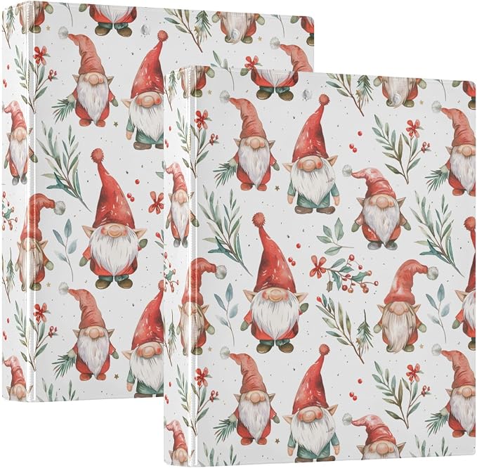 Christmas Gnomes Pattern 3 Ring Binder 1.5" Decorative D-Ring Binder with Clipboard&3 Clear Pockets, Holds 200 Sheets A4 Size Paper Waterproof Binders for School Home Office|2 Pack