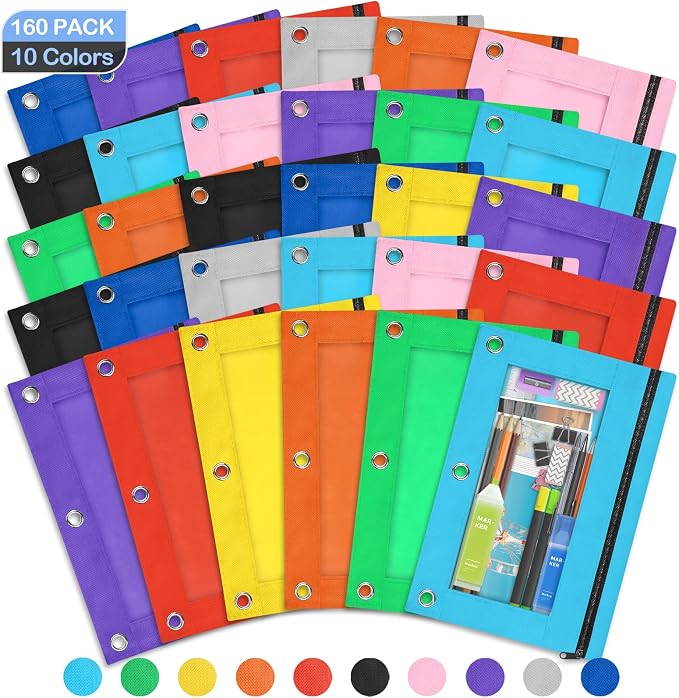 AuroTops 160 Pack Pencil Pouch for 3 Ring Binder,10 Colors Pencil Pouch | Clear Window Pencil Pouches for Classroom Bulk,Pencil Bags with Smooth Zipper,Binder Pencil Case,School and Office Supplies
