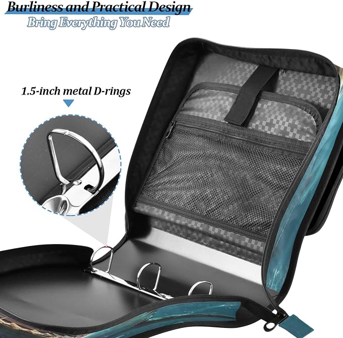 3 Ring Zipper Binder Shark Binder Organizer Portfolio with File and Shoulder Strap & Handle Large Capacity File Folder