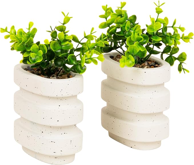 Mind Reader Ribbed Cement Planter Bookends, Faux Greenery for Shelves and Desk Decor, Set of 2, White