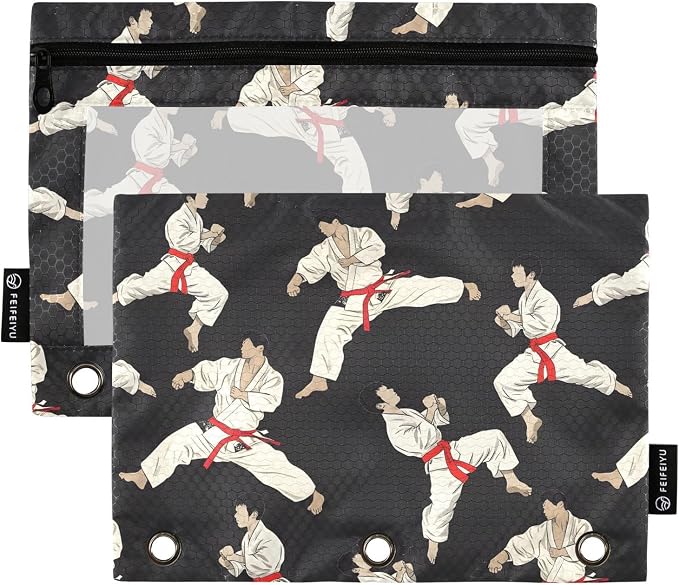 Karate Black Background Pencil Pouch for 3 Ring Binder, 2 Pack Waterproof Pencil Bags Clear Window Pencil Case Zipper School Office Supplies