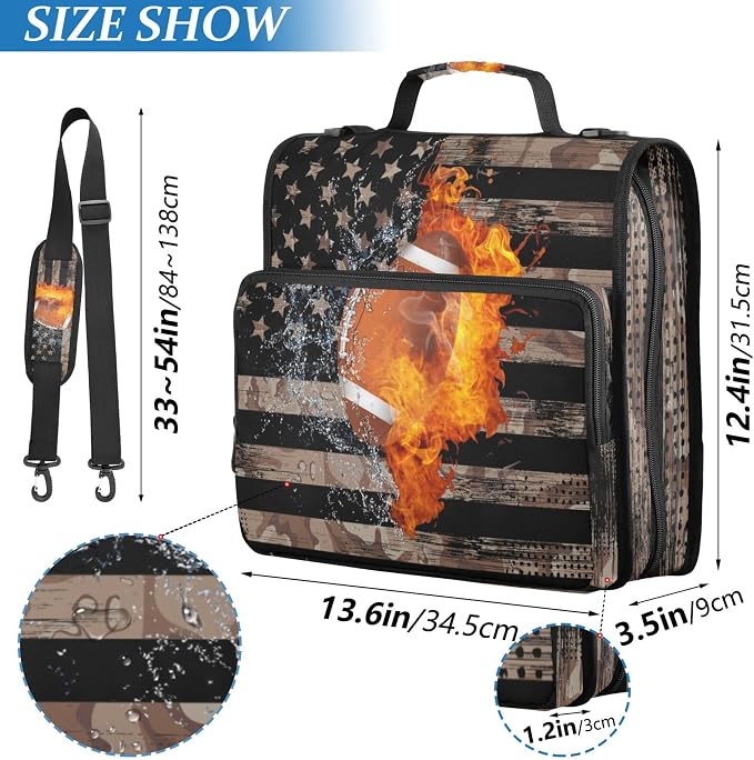 Fisyme Football American Flag Zipper Binder 3 Ring with Zipper and Shoulder Strap Large Capacity Multi-Pocket Binder Organizer